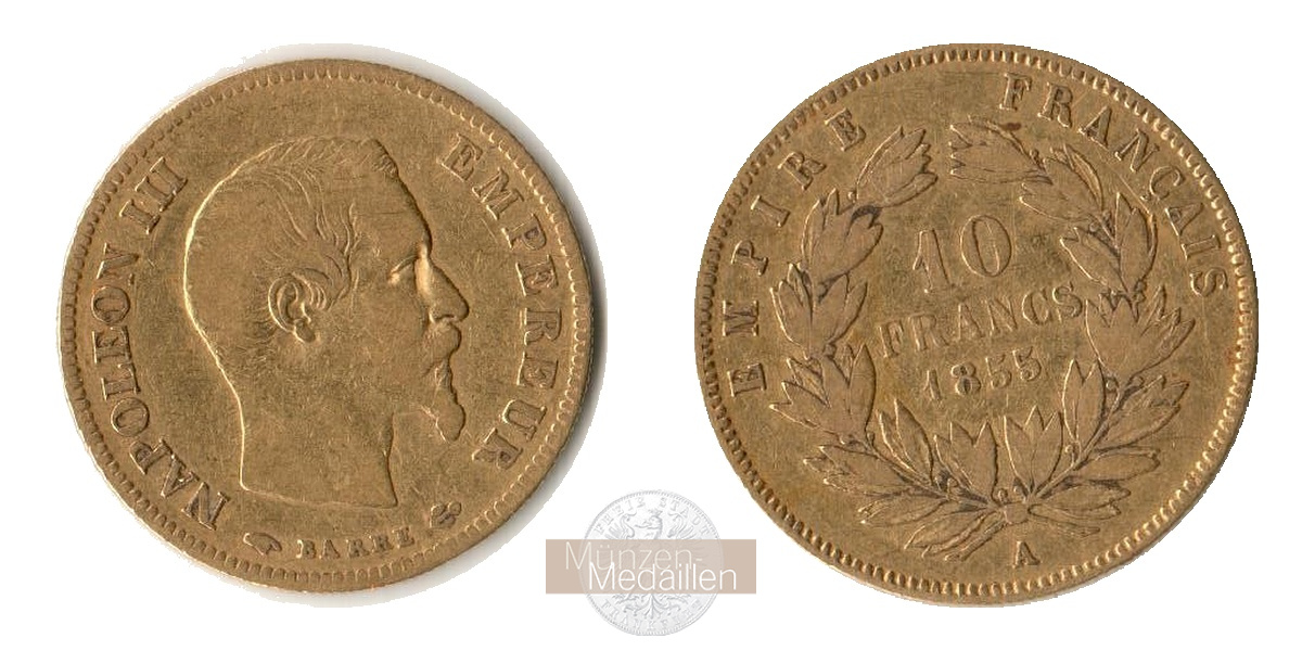 Frankreich MM-Frankfurt KM#784.1 Feingold: 2,9g 10 Francs Napoleon III 1855 A 
