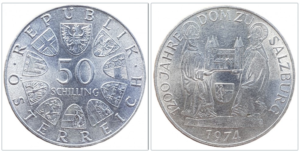  Österreich  50 Schilling, 1974 - 1200 Jahre Dom zu Salzburg - Silber 12,8g fein   