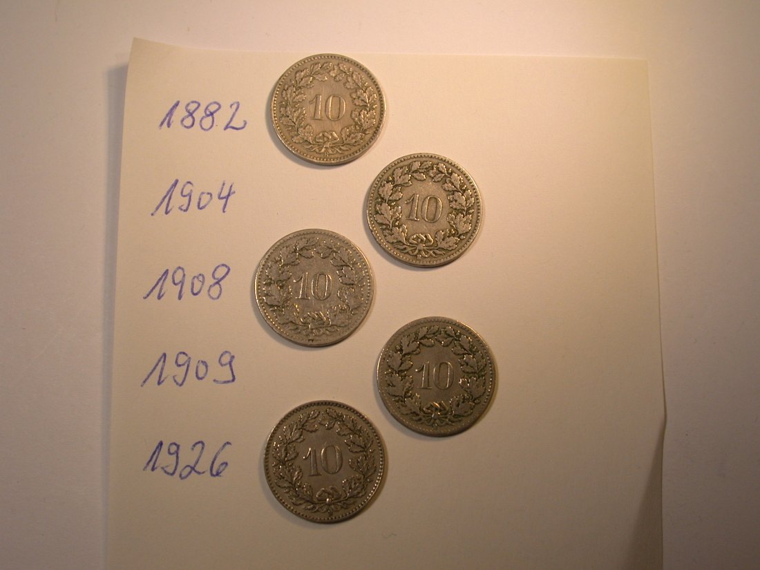  Schweiz  5 x 10 Rappen 1882-1926 meist ss   Originalbilder   