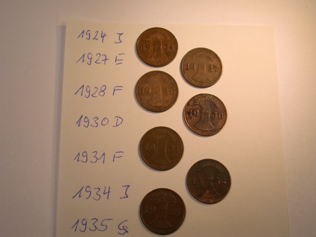  Weimar  7 x 1 Reichspfennig 1924-1935 verschieden, meist ss    Originalbilder   