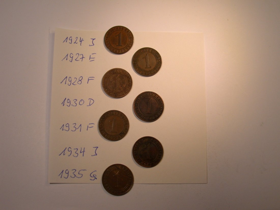  Weimar  7 x 1 Reichspfennig 1924-1935 verschieden, meist ss    Originalbilder   