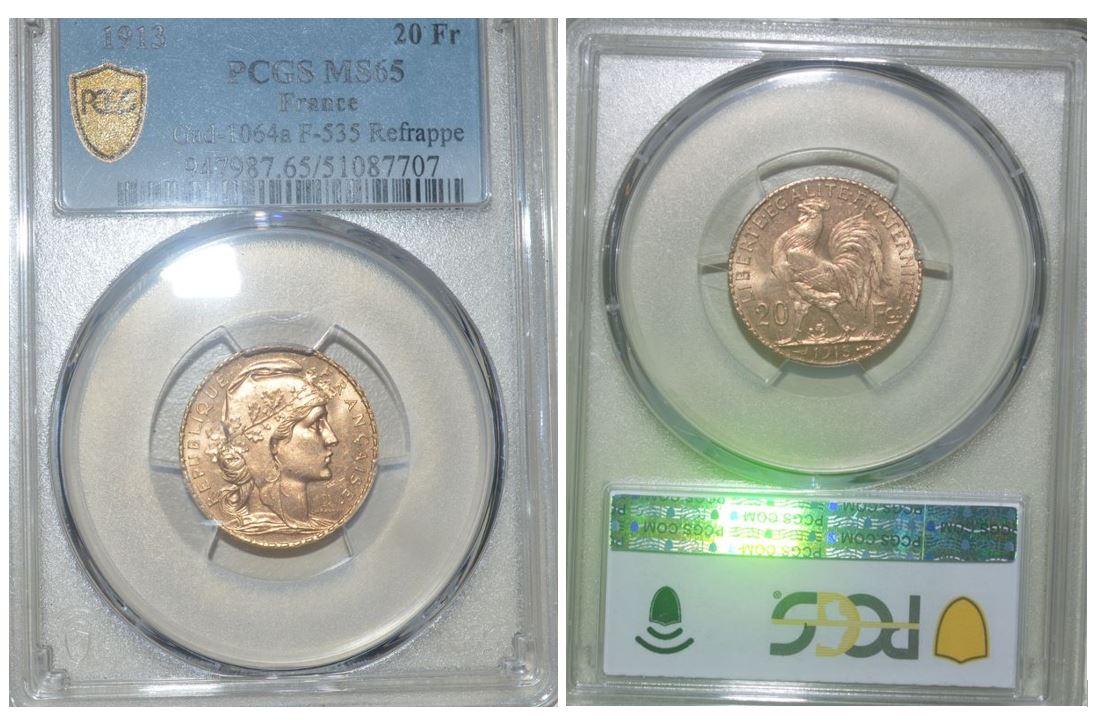  FRANKREICH 20 GOLD FRANCS - MARIANNE 1913 - Certified & Graded: PCGS MS 65   