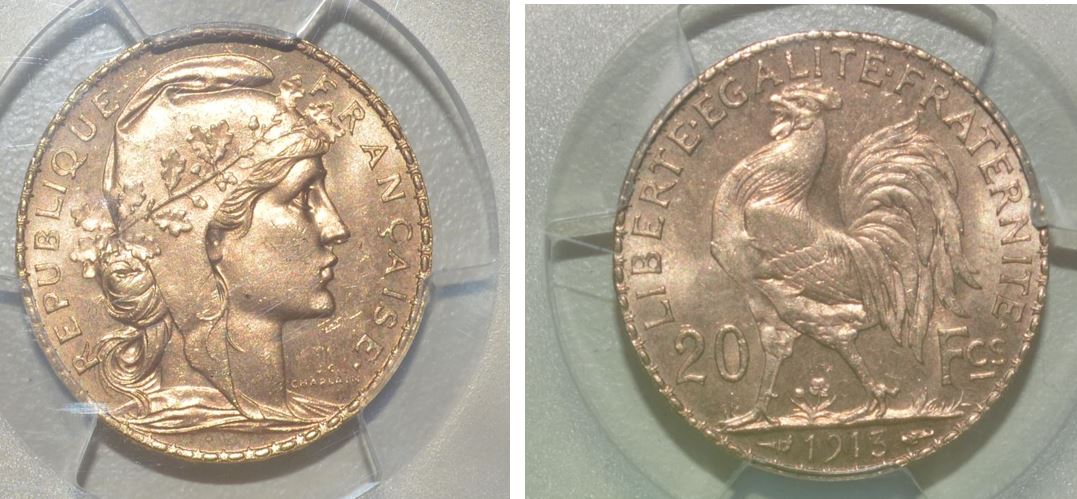  FRANKREICH 20 GOLD FRANCS - MARIANNE 1913 - Certified & Graded: PCGS MS 65   