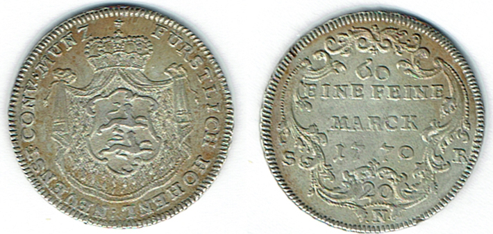 SZAIVERT ALTDEUTSCHLAND HOHENLOHE NEUENSTEIN LUDWIG FRIEDRICH KARL 20 KREUZER 1770 N   