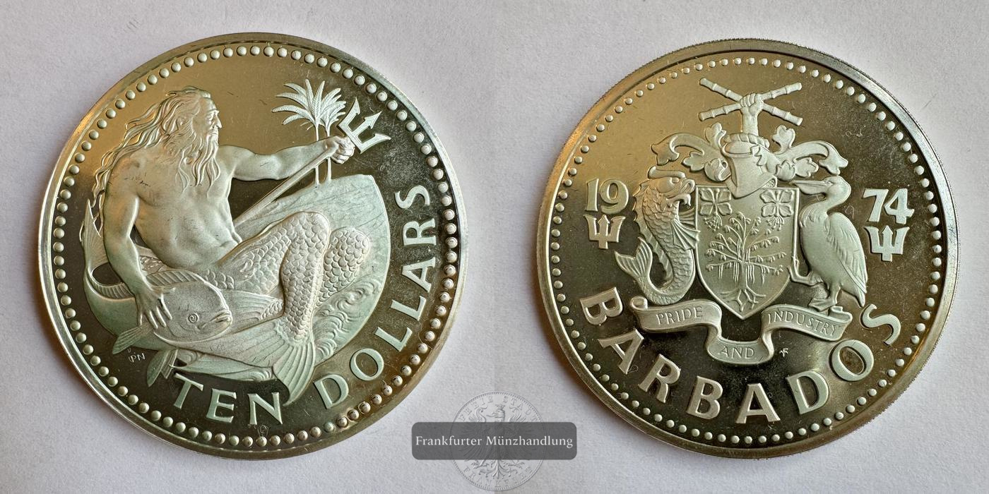  Barbados 10 Dollars 1974 Neptun mit Dreizack KM#17a FM-Frankfurt Feinsilber: 35g   
