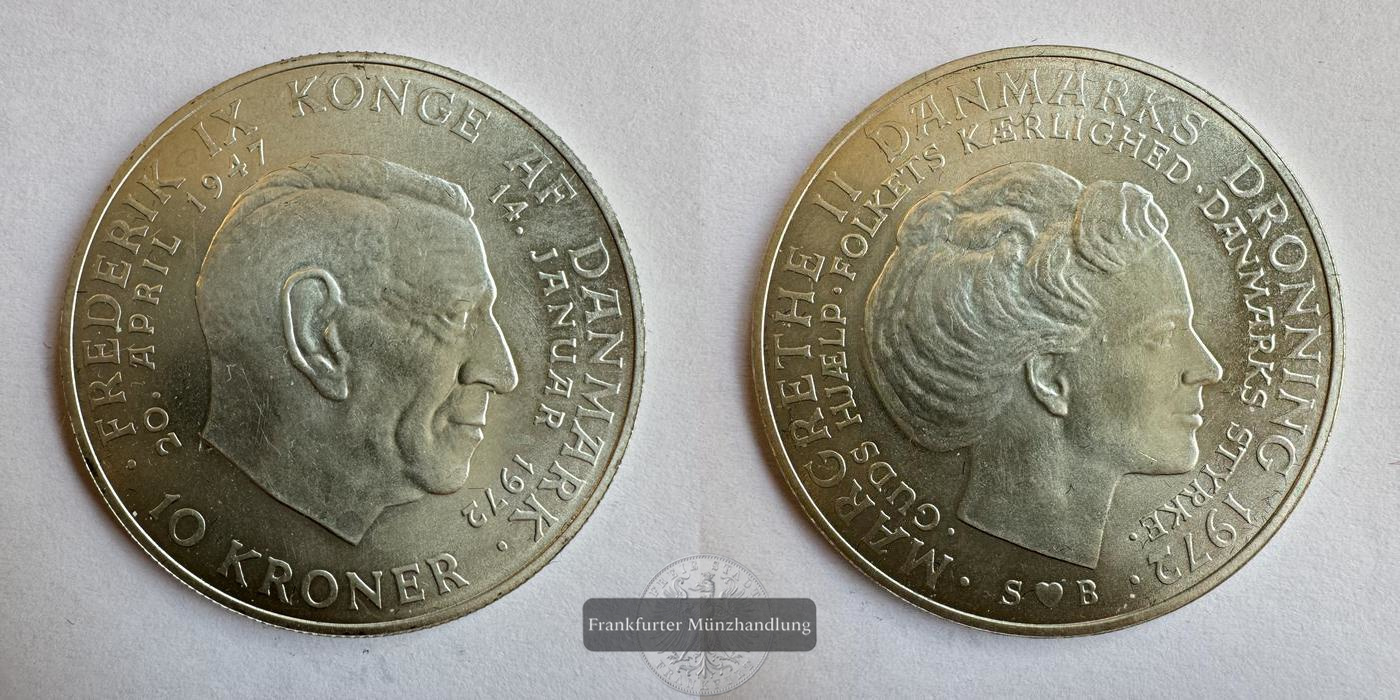  Dänemark, 10 Kroner 1972 Frederik IX. / Margrethe II. FM-Frankfurt KM#858 Feinsilber: 16,32g   