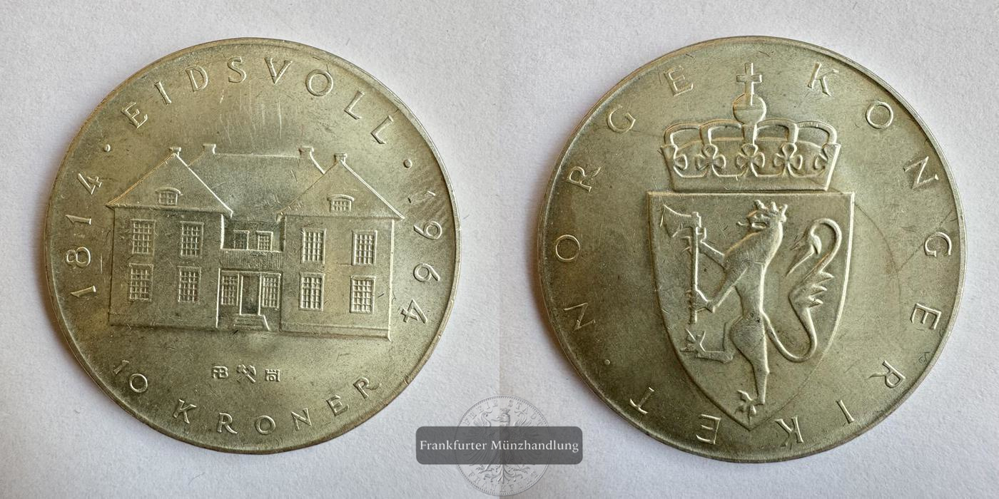  Norwegen, 10 Kroner Olav V (Constitution Sesquicentennial) FM-Frankfurt KM#413 Feinsilber: 18g   