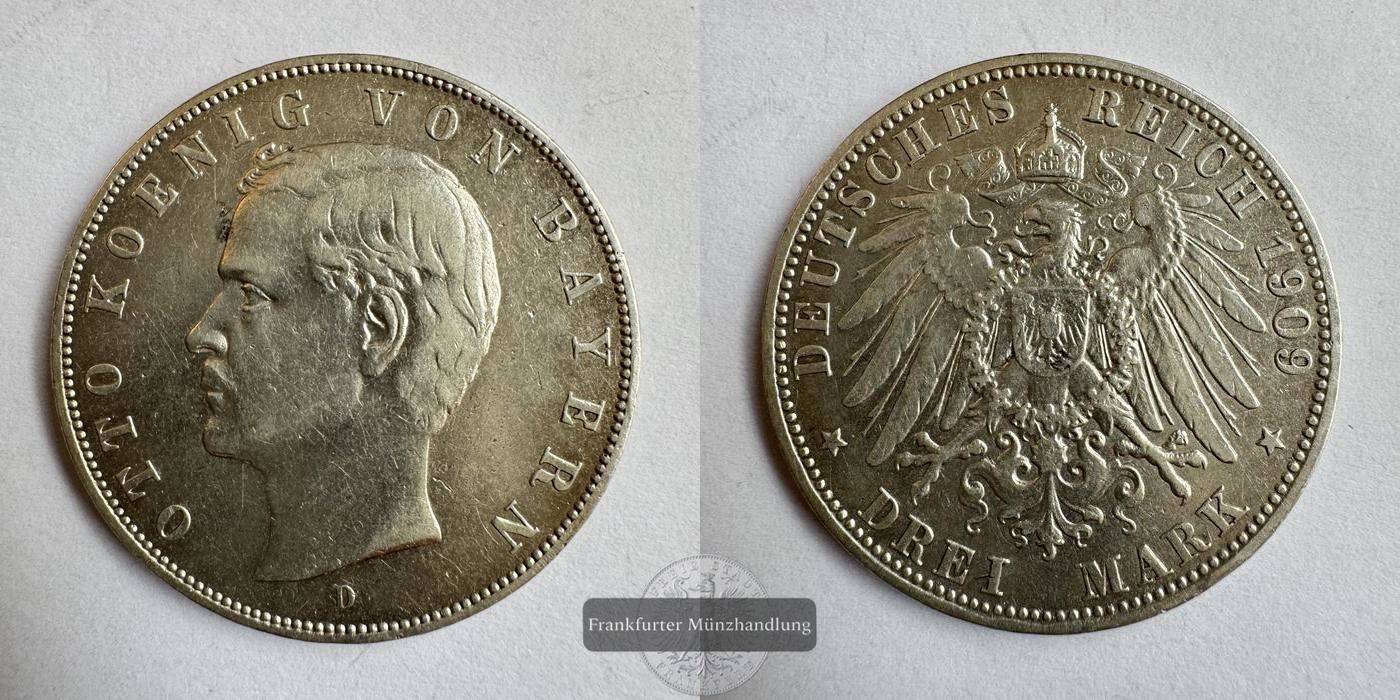  Dt. Kaiserreich Bayern 3 Mark 1909 Otto FM-Frankfurt KM#996 Feinsilber: 15g   