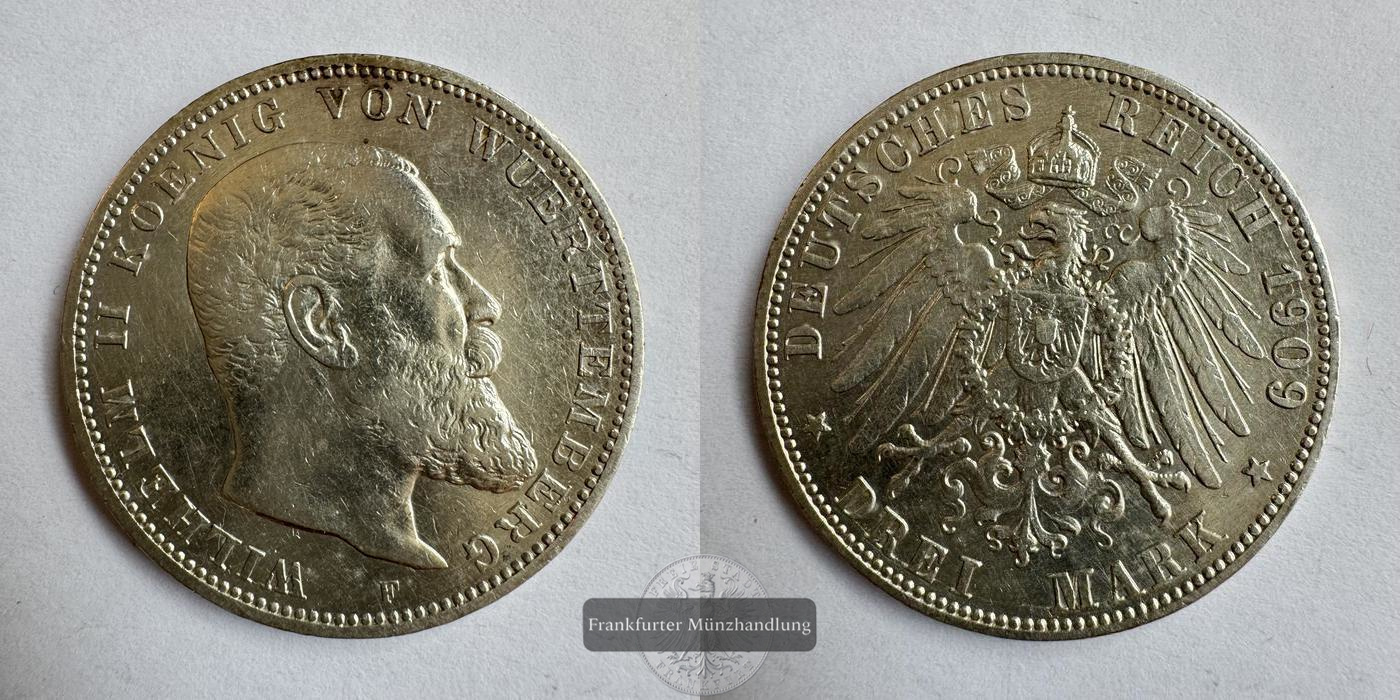  Dt. Kaiserreich Württemberg 3 Mark 1909 Wilhelm II F FM-Frankfurt KM#635 Feinsilber: 15g   