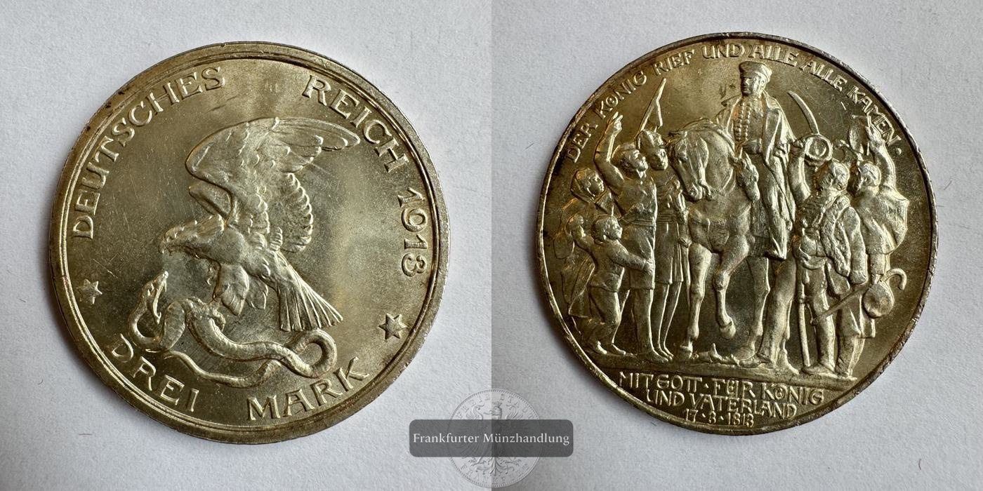  Dt. Kaiserreich Preussen, Wilhelm II. 3 Mark 1913 FM-Frankfurt KM#534 Feinsilber: 15g   
