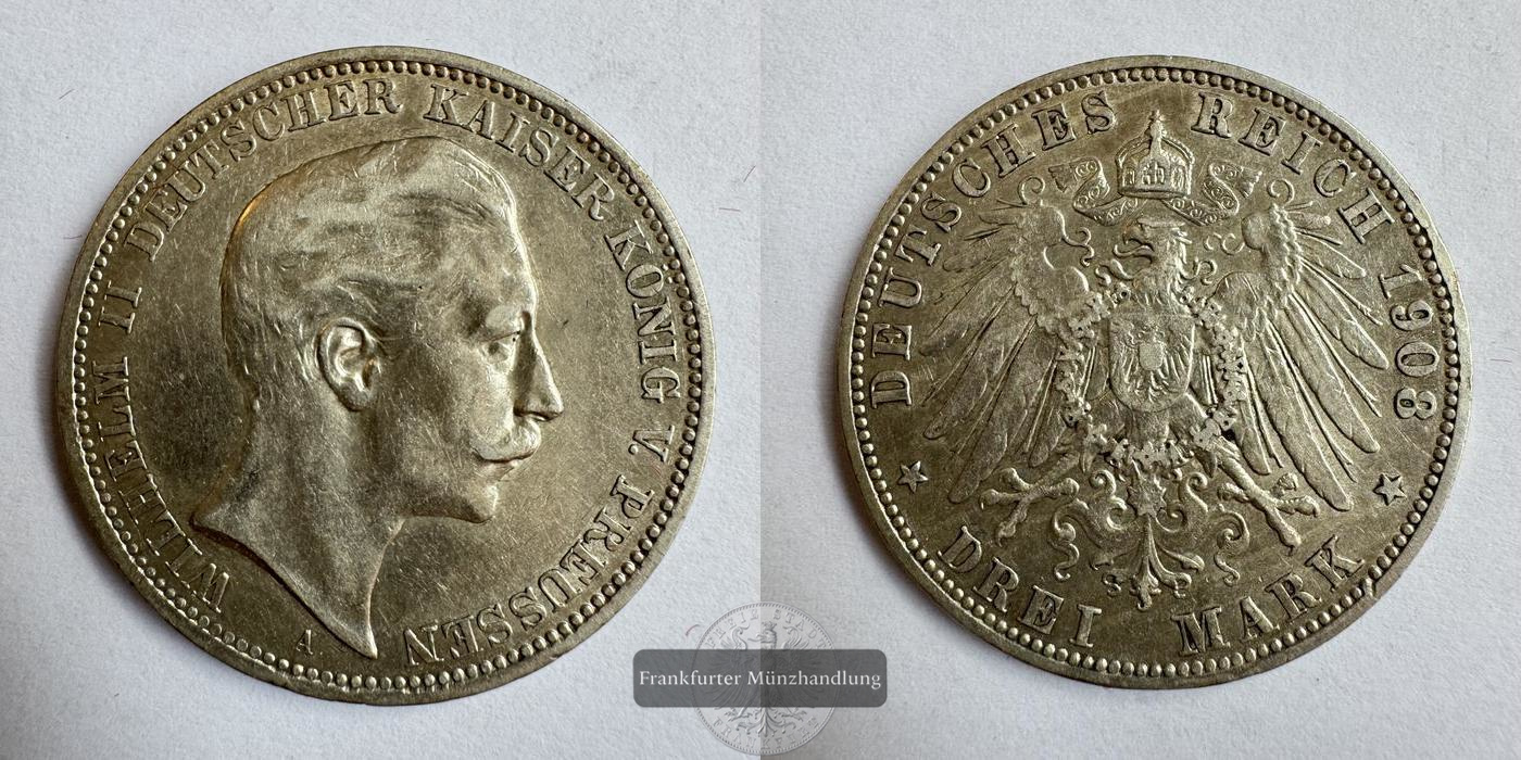  Dt. Kaiserreich, Preussen 3 Mark 1908 A Wilhelm II FM-Frankfurt KM#527 Feinsilber: 15g   