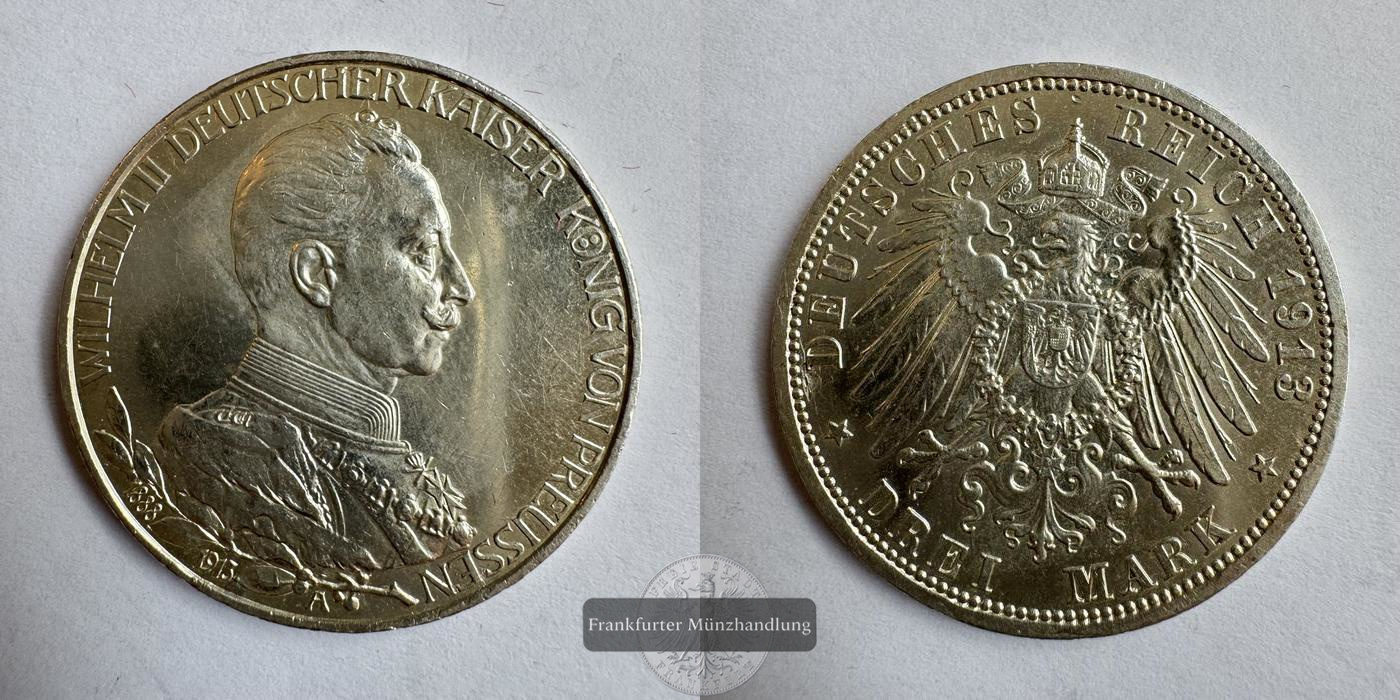  Dt. Kaiserreich. 3 Mark Wilhelm II Preußen 1913 Uniform A FM-Frankfurt KM#535 Feinsilber: 15g   