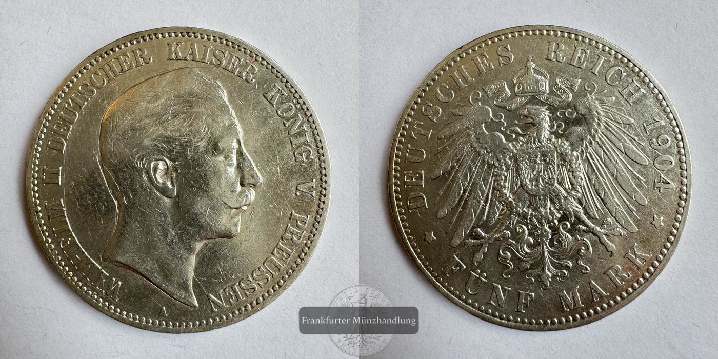  Dt. Kaiserreich Preußen 5 Mark 1904 (1891-1908) A Wilhelm II FM-Frankfurt KM#523 Feinsilber: 25g   