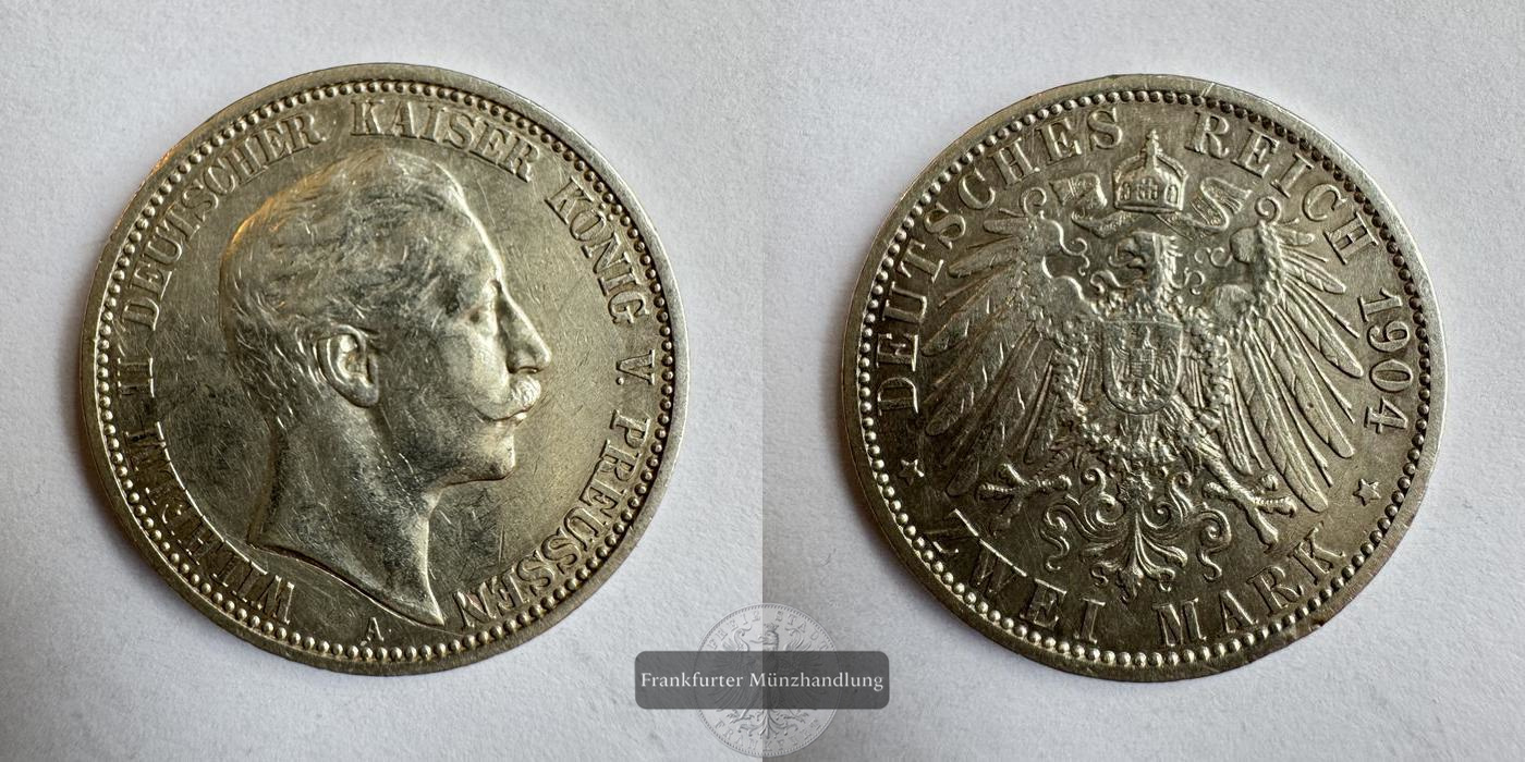  Dt. Kaiserreich Preussen 2 Mark 1904 A Wilhelm II FM-Frankfurt KM#522 Feinsilber: 10g   