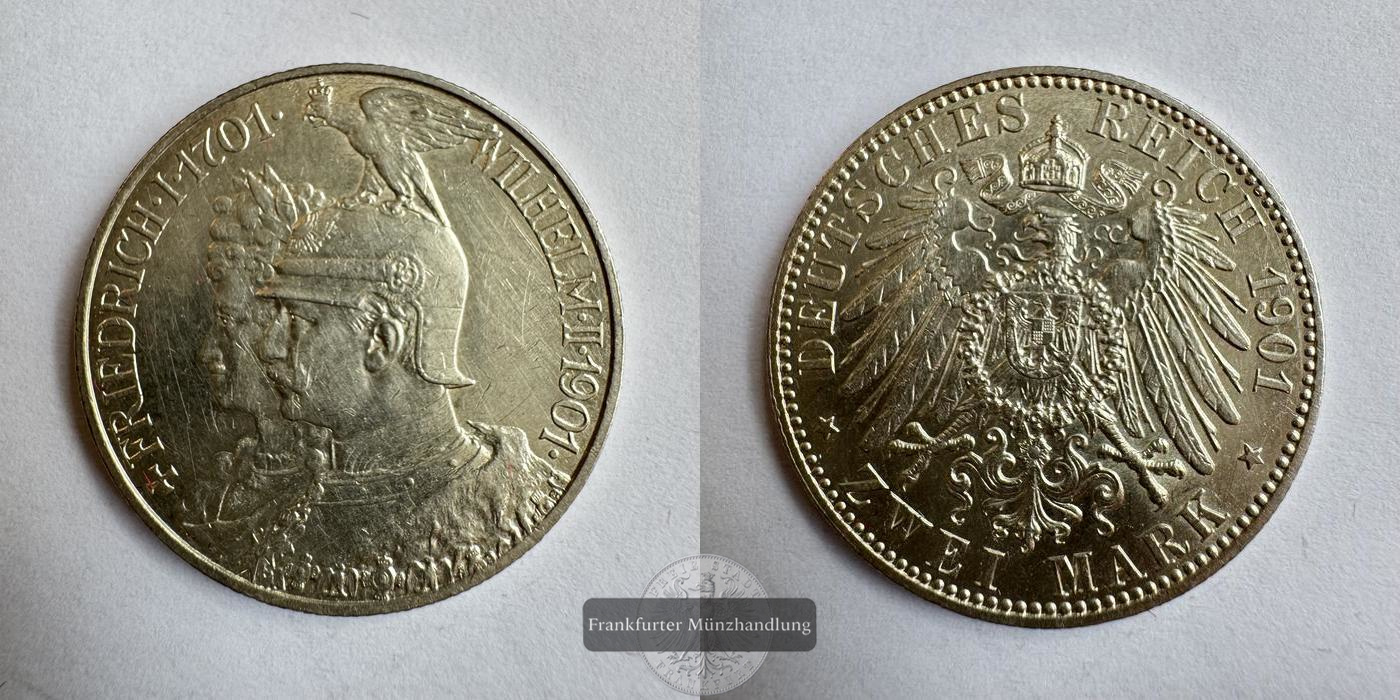  Dt. Kaiserreich 2 Mark 1901 200 Jahre Preußen FM-Frankfurt KM#525 Feinsilber: 10g   
