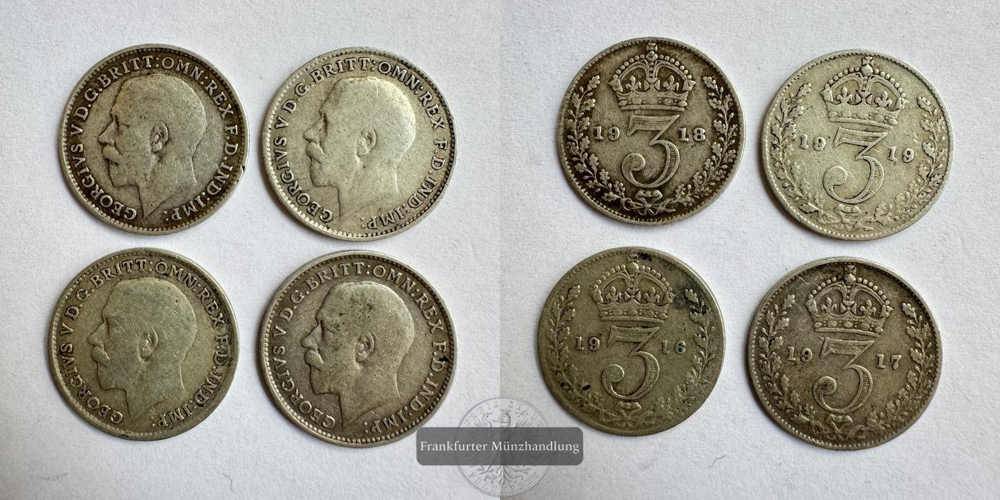  UK 4x 3 Pence George V (1st issue) 1916-19 FM-Frankfurt KM#813 Feinsilber: 5,2g   