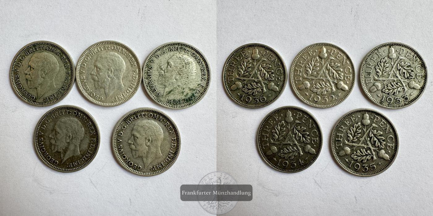  UK 5x 3 Pence George V (4th Issue) 1932-36 FM-Frankfurt KM#831 Feinsilber: 3,5g   