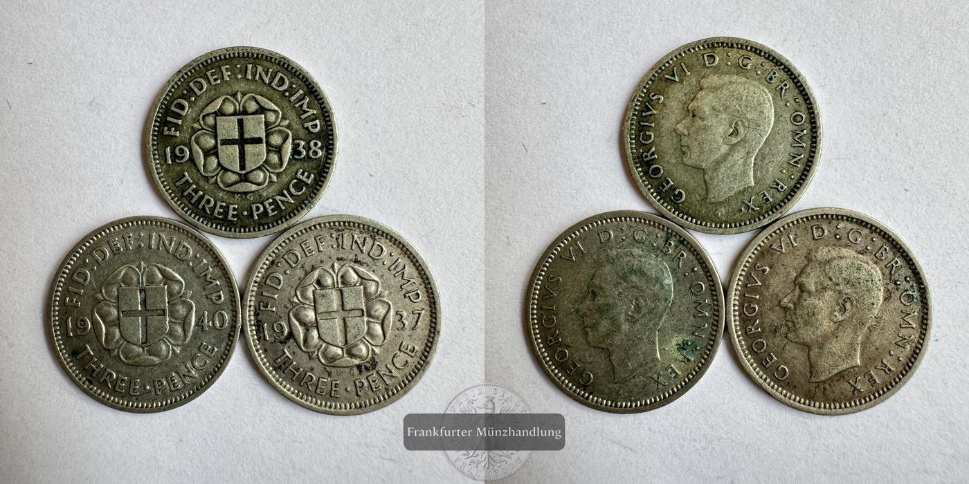  UK 3x 3 Pence George VI (incl. Colonial) 1937/38/40 FM-Frankfurt KM#848 Feinsilber: 2,1g   