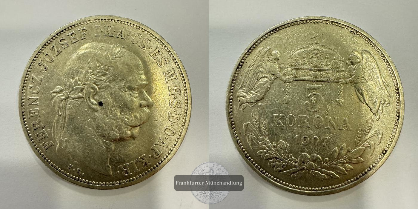  Ungarn 5 Korona Francis Joseph I 1907 (1900-1909) FM-Frankfurt KM#488 Feinsilber: 21,6g   