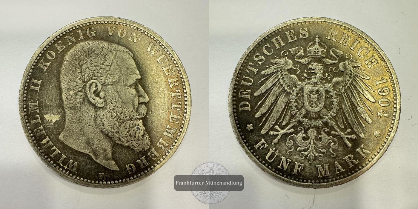  DR. Württemberg 5 Mark William II 1904 (1892-1913) 'F' FM-Frankfurt KM#632 Feinsilber: 25g   