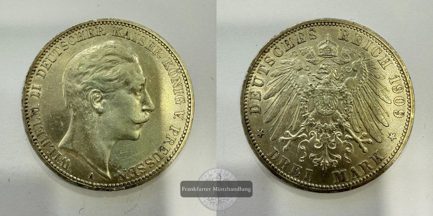  Dt. Kaiserreich, Preussen 3 Mark 1909 'A' Wilhelm II FM-Frankfurt KM#527 Feinsilber: 15g   