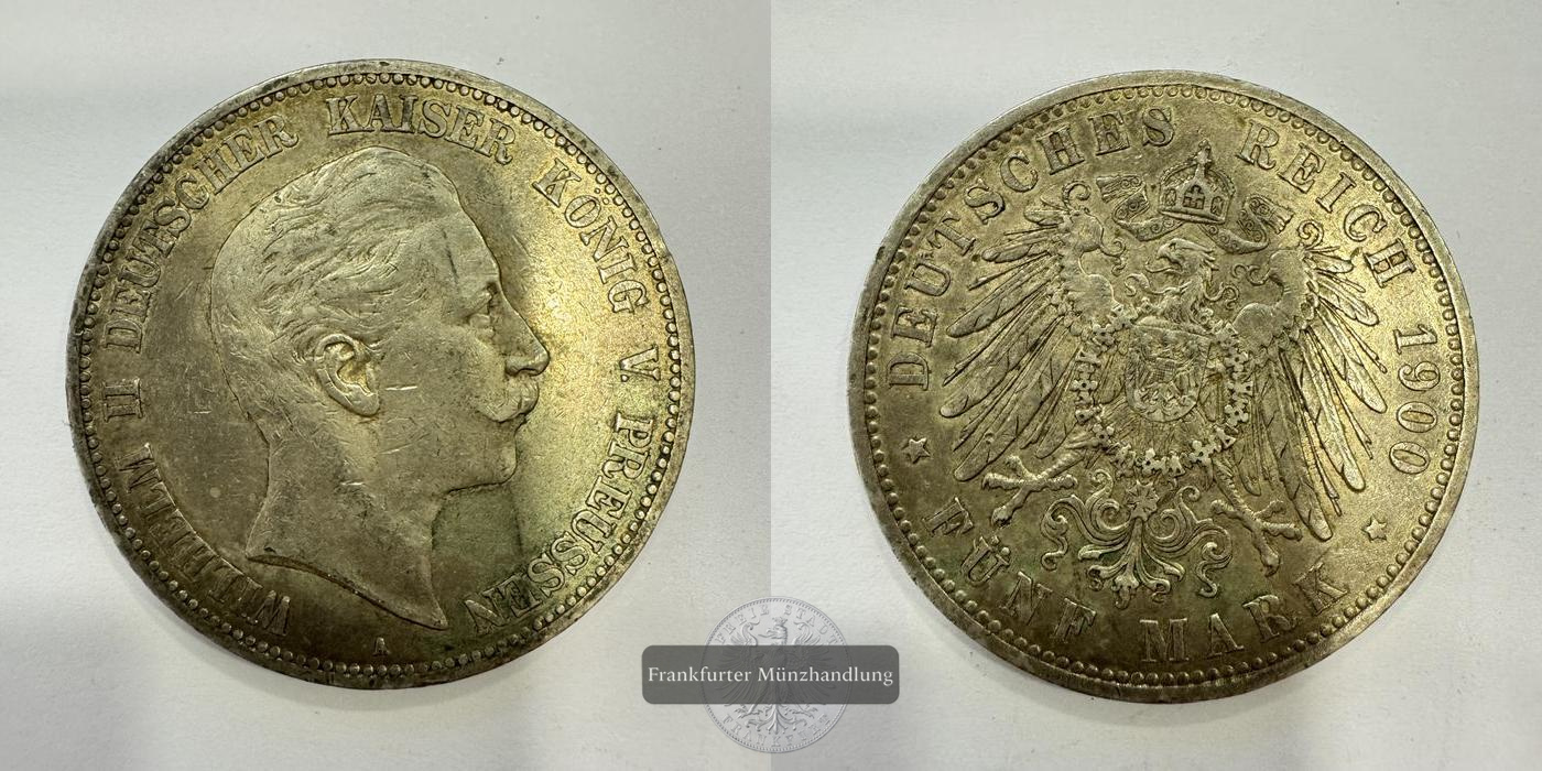  Dt. Kaiserreich Preußen 5 Mark 1900 (1891-1908) 'A' Wilhelm II FM-Frankfurt KM#523 Feinsilber: 25g   