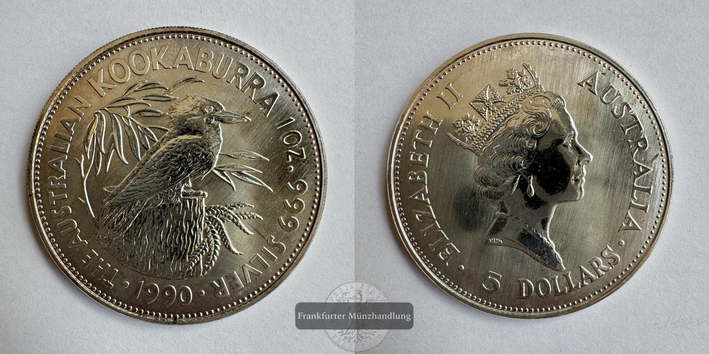  Australien 5 Dollars 1990 Kookaburra FM-Frankfurt KM#189 Feinsilber: 31,07g   