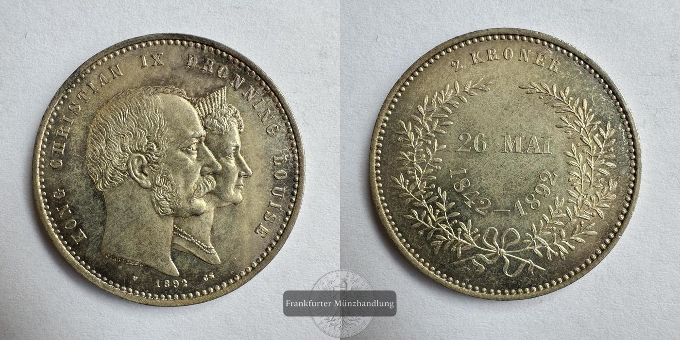  Dänemark 2 Kroner Christian IX (Golden Wedding) 1892 FM-Frankfurt KM#800 Feinsilber: 12g   