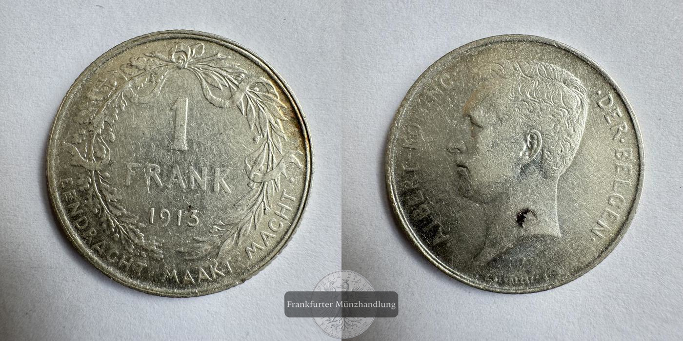  Belgien 1 Franc Albert I (Dutch text) 1913 (1910-1918) FM-Frankfurt KM#73 Feinsilber: 4,175g   