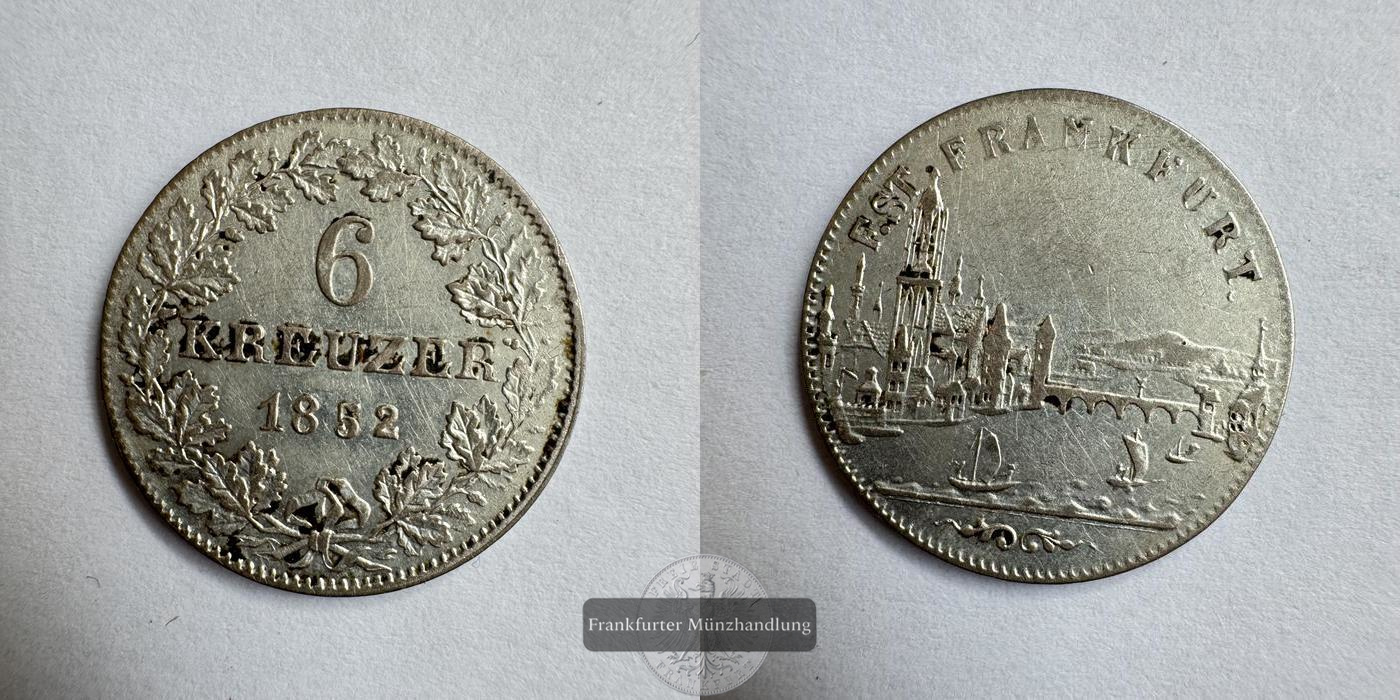  Freie Reichsstadt Frankfurt 6 Kreuzer 1852 Stadtansicht FM-Frankfurt KM#350 Feinsilber: 0,899g   