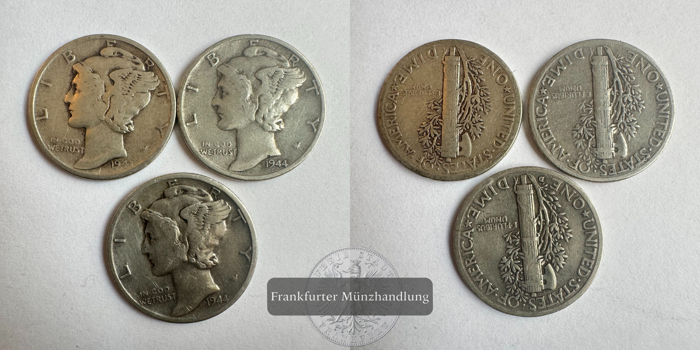  USA 3x 1 Dime 1942& 2x1944 FM-Frankfurt KM#140 Feinsilber: 6,75g   