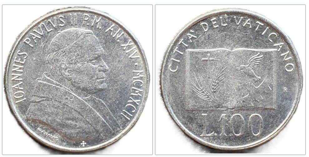  Vatikanstadt  100 Lire 1992 Johannes Paul II.   