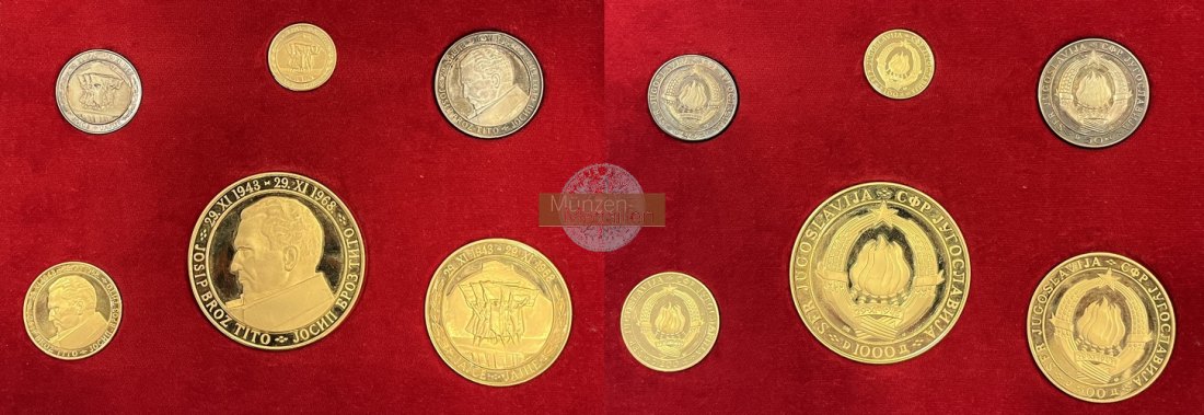  Yugoslavia (Set) 100/200/500/1000 Dinars 1968 MM-Frankfurt Feingewicht: 126,67g Gold   