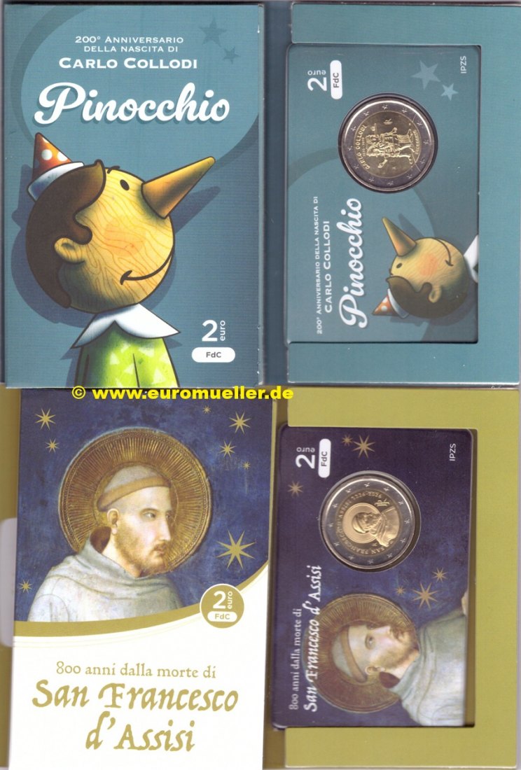 Italien 2x 2 Euro Gedenkmünze 2026...Pinocchio + Assisi...bu. in CC   