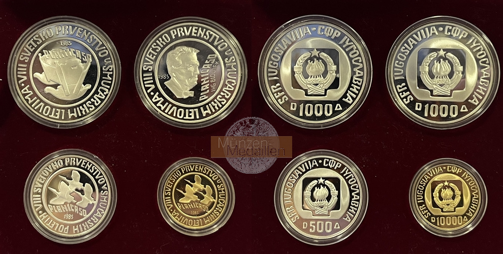  Yugoslavia (Set) 500/1000/10.0000 Dinars 1985 MM-Frankfurt Feingewicht: 7,2g Gold   