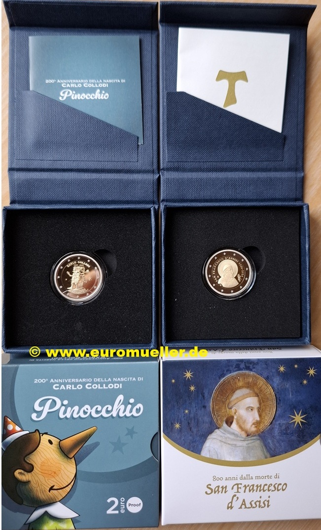 Italien 2x 2 Euro Gedenkmünze 2026...Pinocchio + Assisi...in PP   