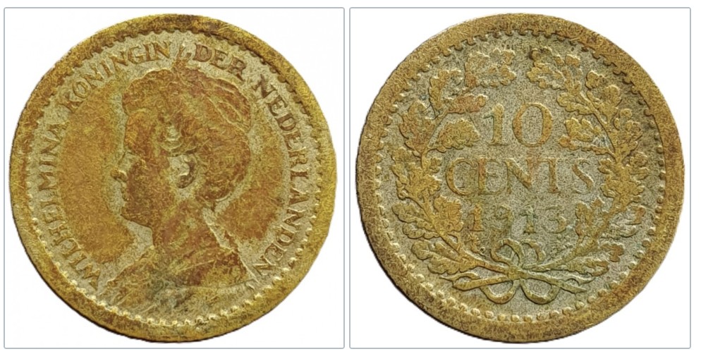 Niederlande 10 Cent, 1913 Wilhelmina (Königin der Niederlande)Silber 0,83 g fein   