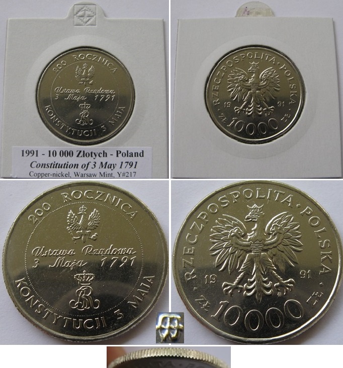  1991,Poland, 10 000 Zloty,  Commemorative issue: Constitiution of 3 May 1791   