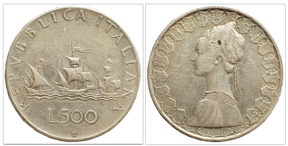  Italien 500 Lire, 1958 Karavellen / Silber 9,18 g fein   