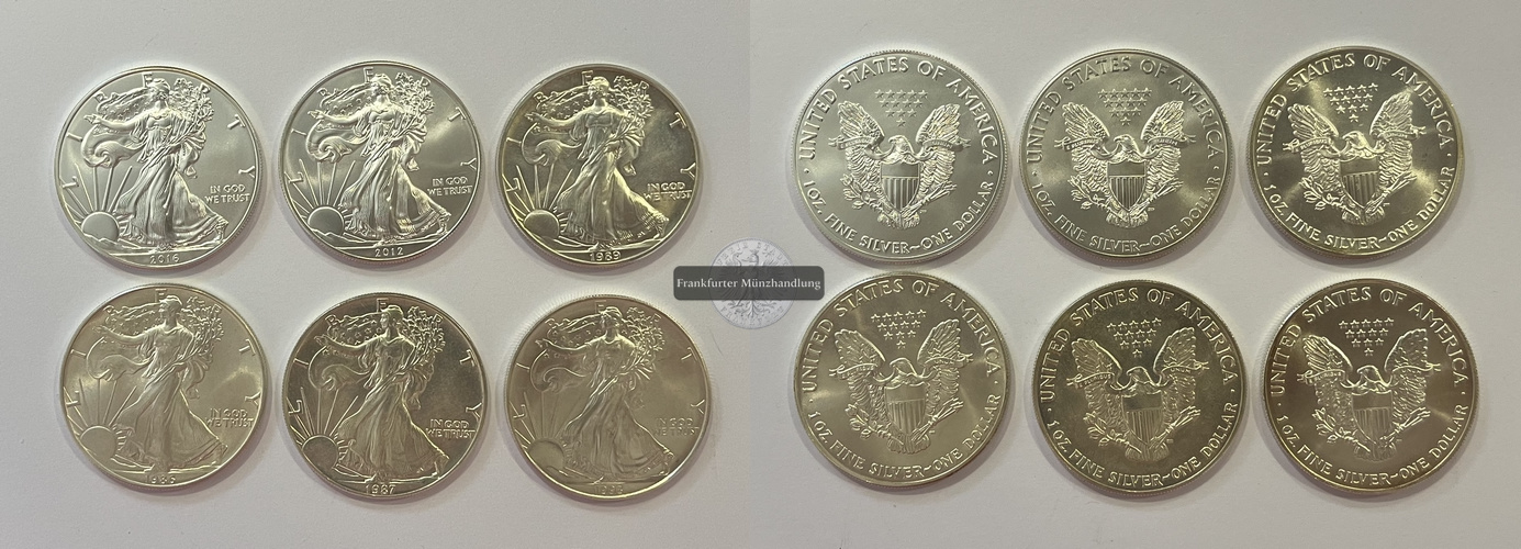  USA 6x 1 Dollar (1986-2021) LOT Walking Liberty FM-Frankfurt KM#273 Feinsilber: 186,6g   