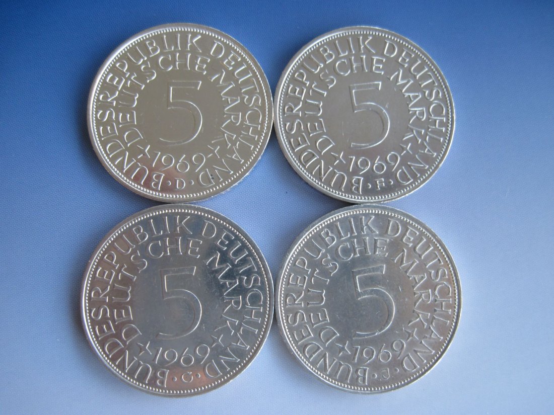  Silbermünzen 4 x 5 DM 1969 D F G J, Deutschland, Silberadler kompletter Satz, in VZ   