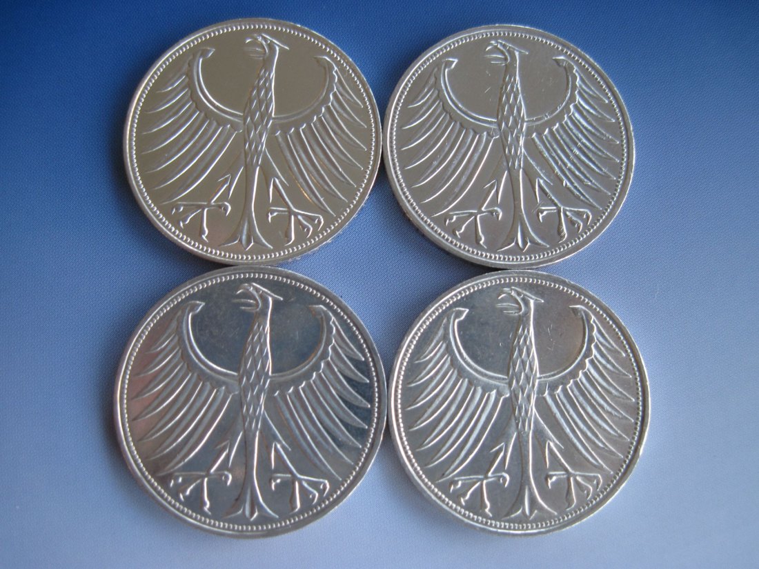  Silbermünzen 4 x 5 DM 1969 D F G J, Deutschland, Silberadler kompletter Satz, in VZ   