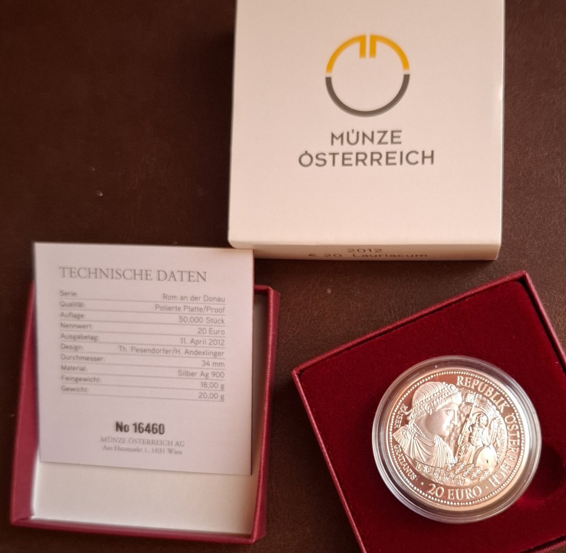  20 SILBER EURO 2012, LAURIACUM in Original-Set der Österreich Münze, Zertifikat   