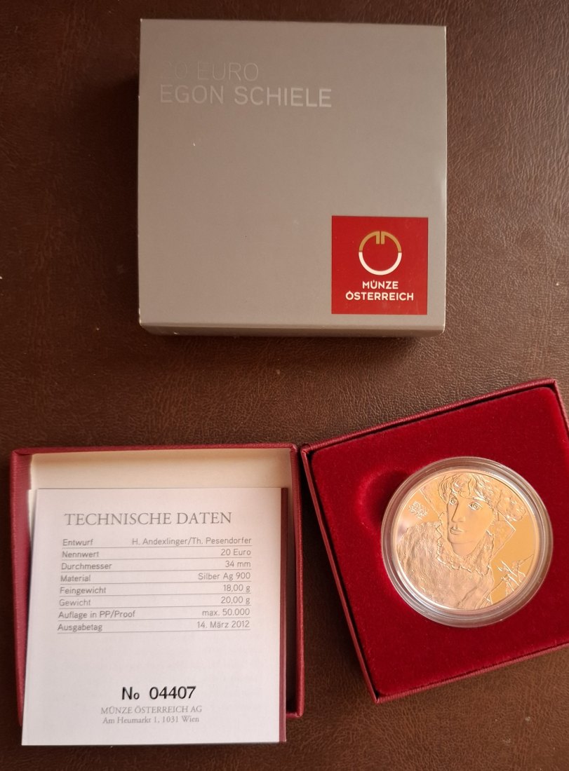  20 SILBER EURO 2012, SCHIELE, in Original-Set der Österreich Münze, Zertifikat   