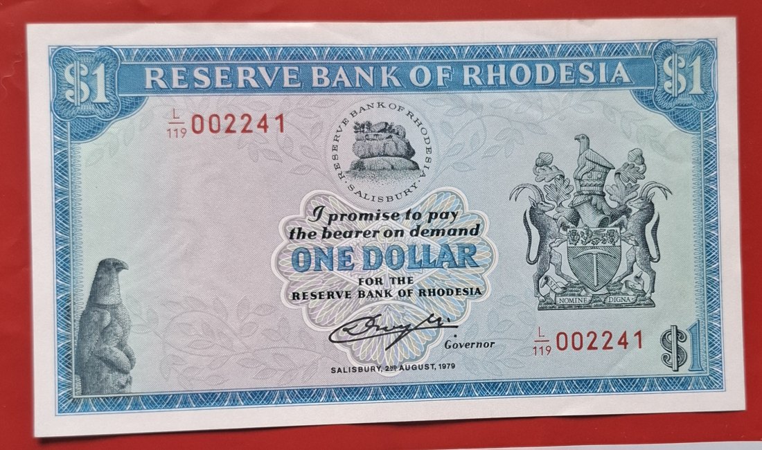  RHODESIA 1 Dollar 1979, prefix L119, Wz. Bird, Seriennr. 002241 - Erhaltung I-   