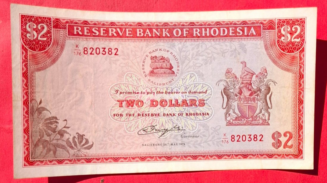  RHODESIA 2 Dollars 1979, prefix K176, Wz. Bird, Erhaltung II-   