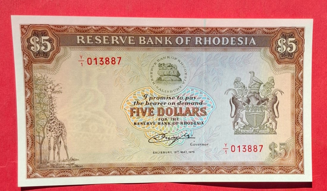  RHODESIA 5 Dollars 1979, prefix Y1, Wz. Bird, Ersatznote, ungelaufene RARITÄT   
