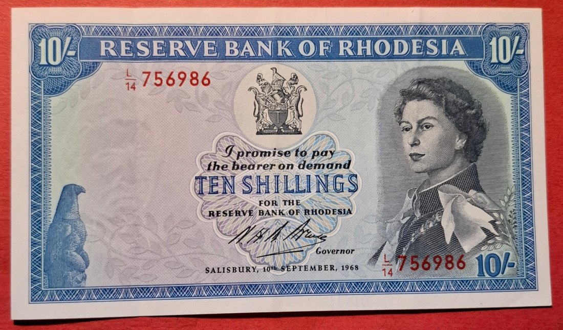  RHODESIA 10 Shillings 1968, prefix L14, Wz. Rhodes, Erhaltung I- bis II+ RARITÄT   