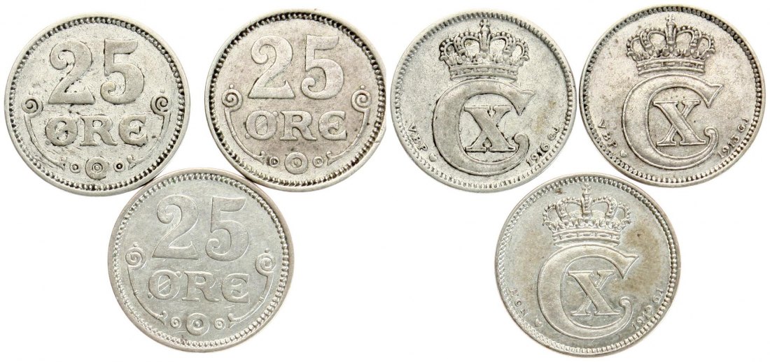  Dänemark: Christian X., Lot von 3 x 25 Øre in Silber, je 2,42 gr. 600er Silber   