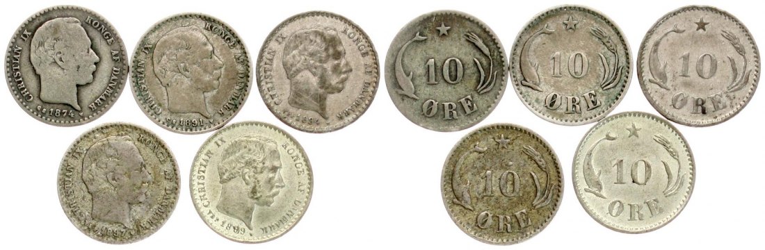  Dänemark: Christian IX. Wertvolles Lot von 5 x 10 Øre, alle in Silber und verschiedene Jahre!   